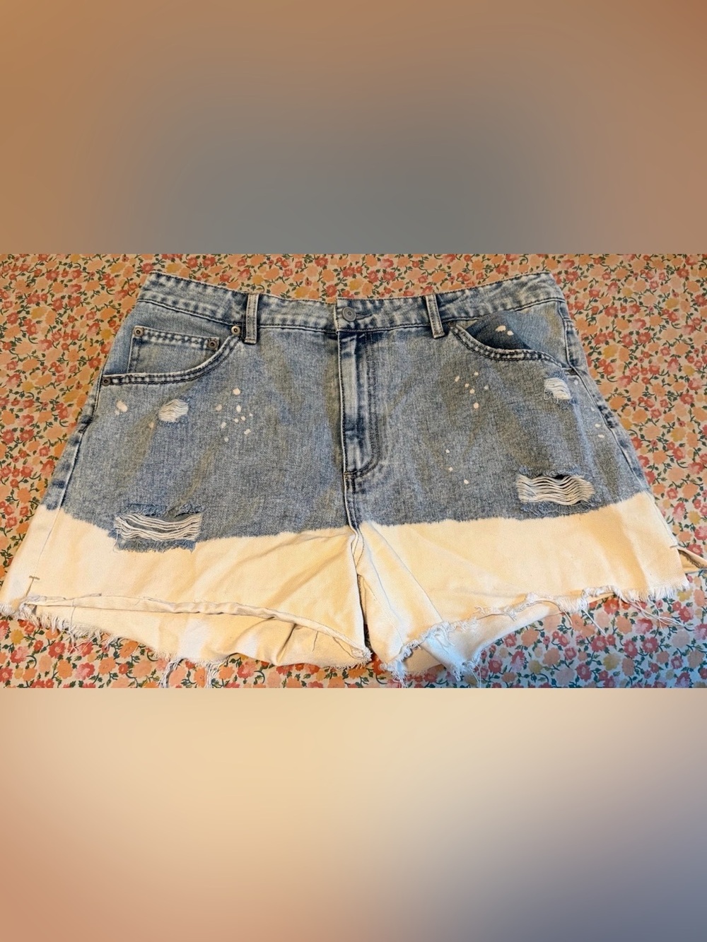 No Boundaries Two-Tone Distressed Denim Shorts - Blue and Cream